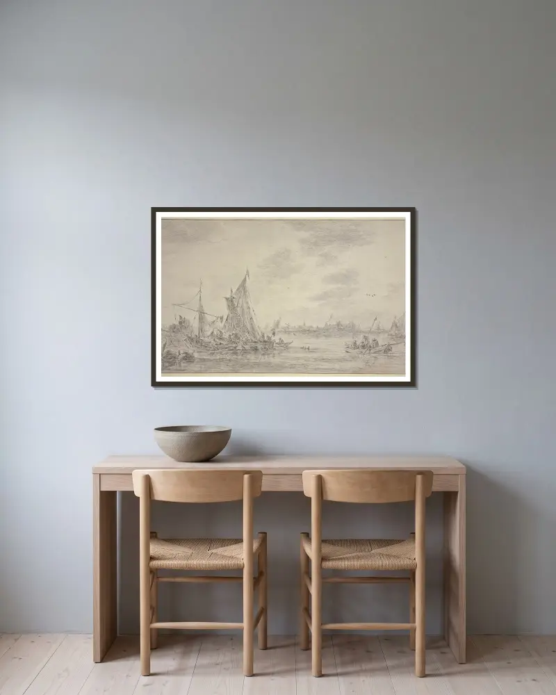 Na rzece wiele łodzi rybackich, po prawej wieś, Jan van Goyen w ramie na ścianie