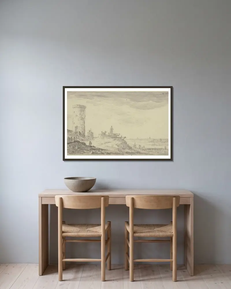 Befästning, vid ett kundtorn två kanoner och ett skilderhus av Jan van Goyen inramad på en vägg