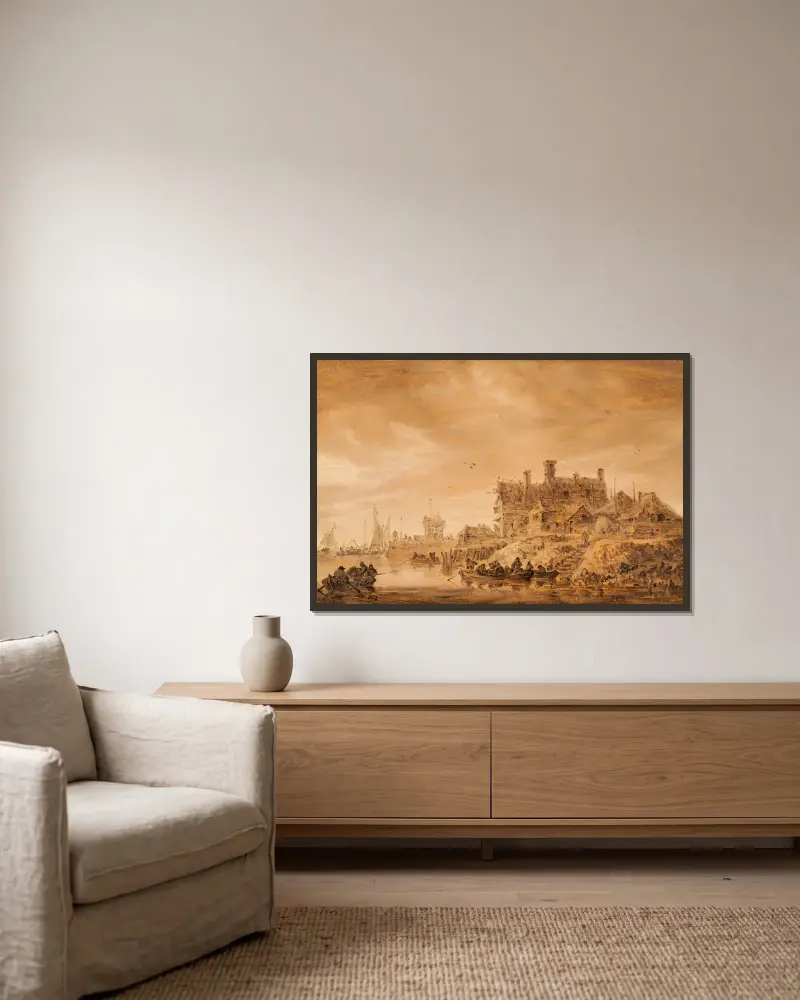 Küstenszene von Jan van Goyen gerahmt an einer Wand