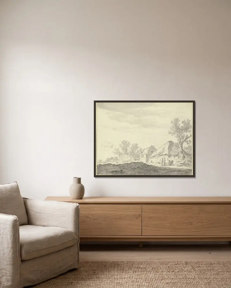 Drei Figuren vor einer Hütte av Jan van Goyen inramad på en vägg