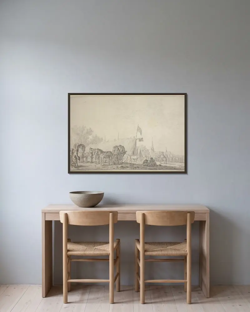 Marknad i byn Valkenburg av Jan van Goyen inramad på en vägg