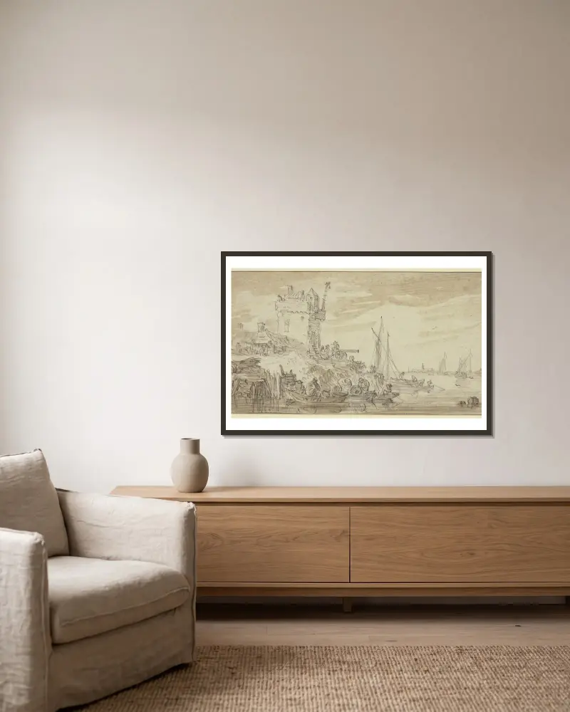 Vänster vid en flod ett befäst torn med en kanon där en man sitter av Jan van Goyen inramad på en vägg