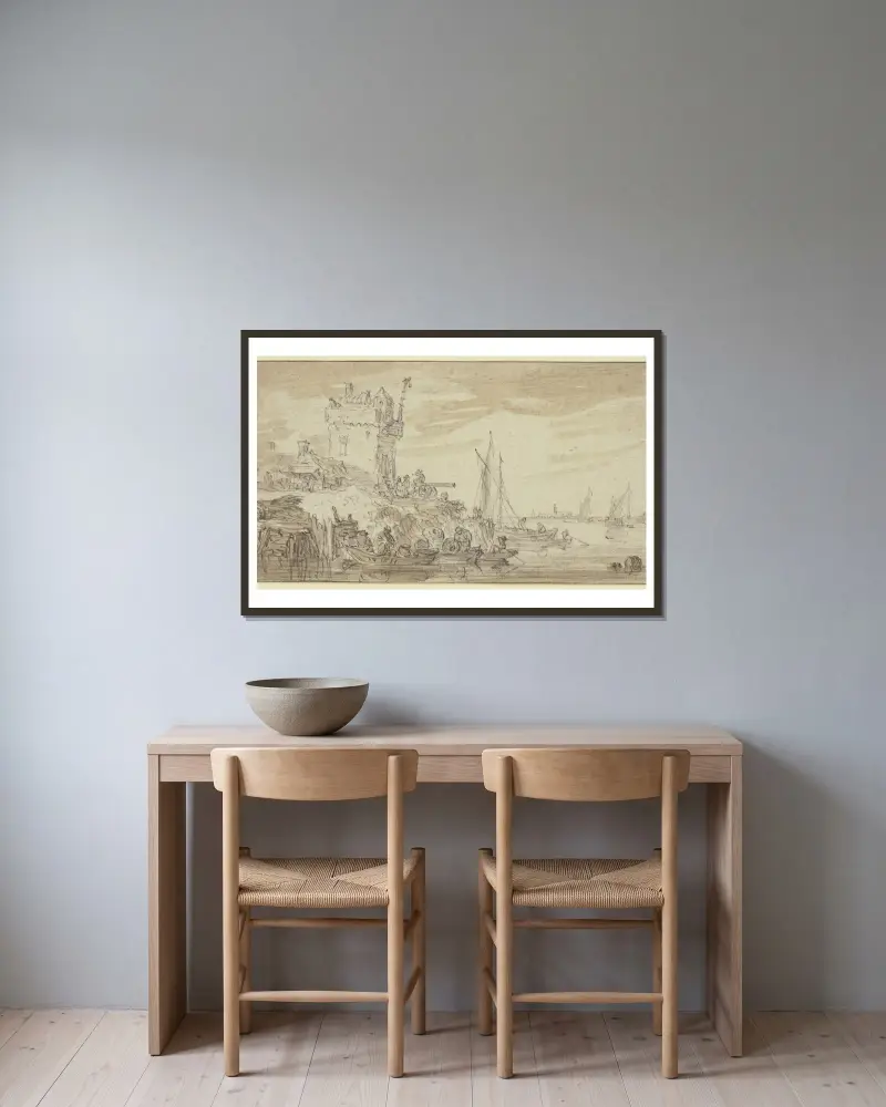Vänster vid en flod ett befäst torn med en kanon där en man sitter av Jan van Goyen inramad på en vägg