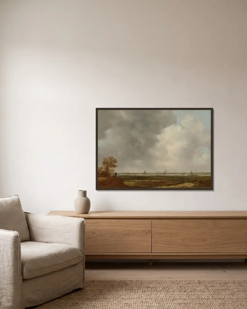Panoramautsikt över en flod med låga ängar av Jan van Goyen inramad på en vägg