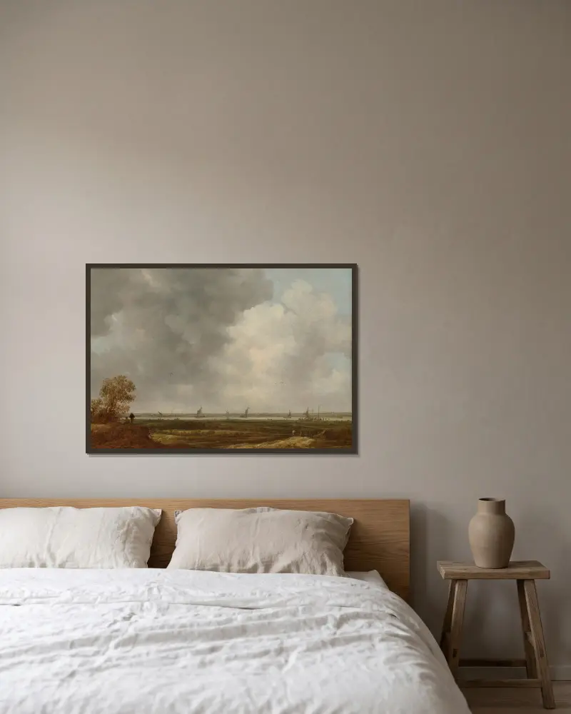 Panoramautsikt över en flod med låga ängar av Jan van Goyen inramad på en vägg