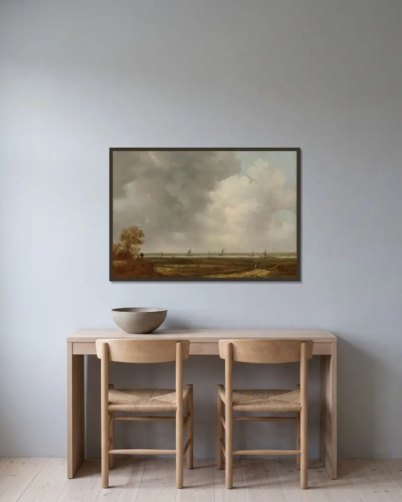 Panoramautsikt över en flod med låga ängar av Jan van Goyen inramad på en vägg