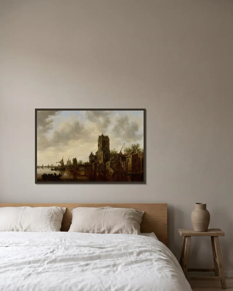 Flodlandskap med Pellecussen-porten nära Utrecht av Jan van Goyen inramad på en vägg