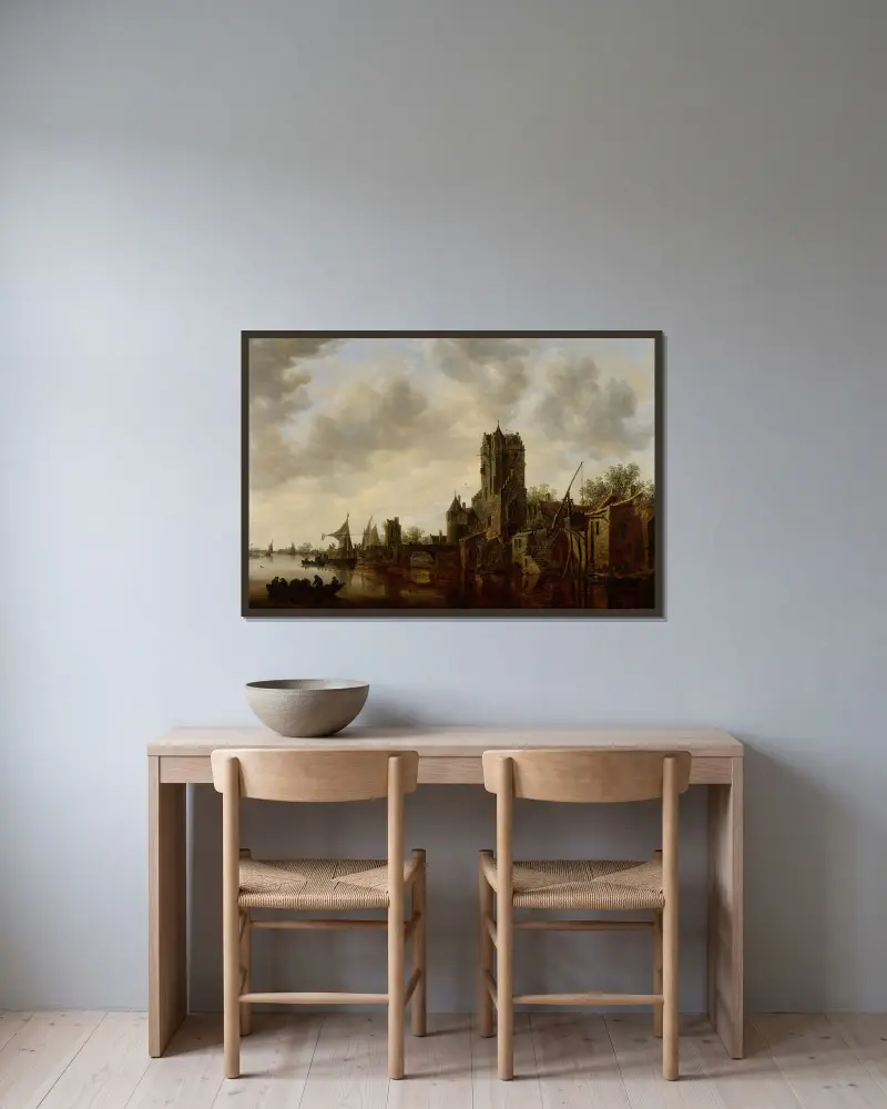 Flodlandskap med Pellecussen-porten nära Utrecht av Jan van Goyen inramad på en vägg
