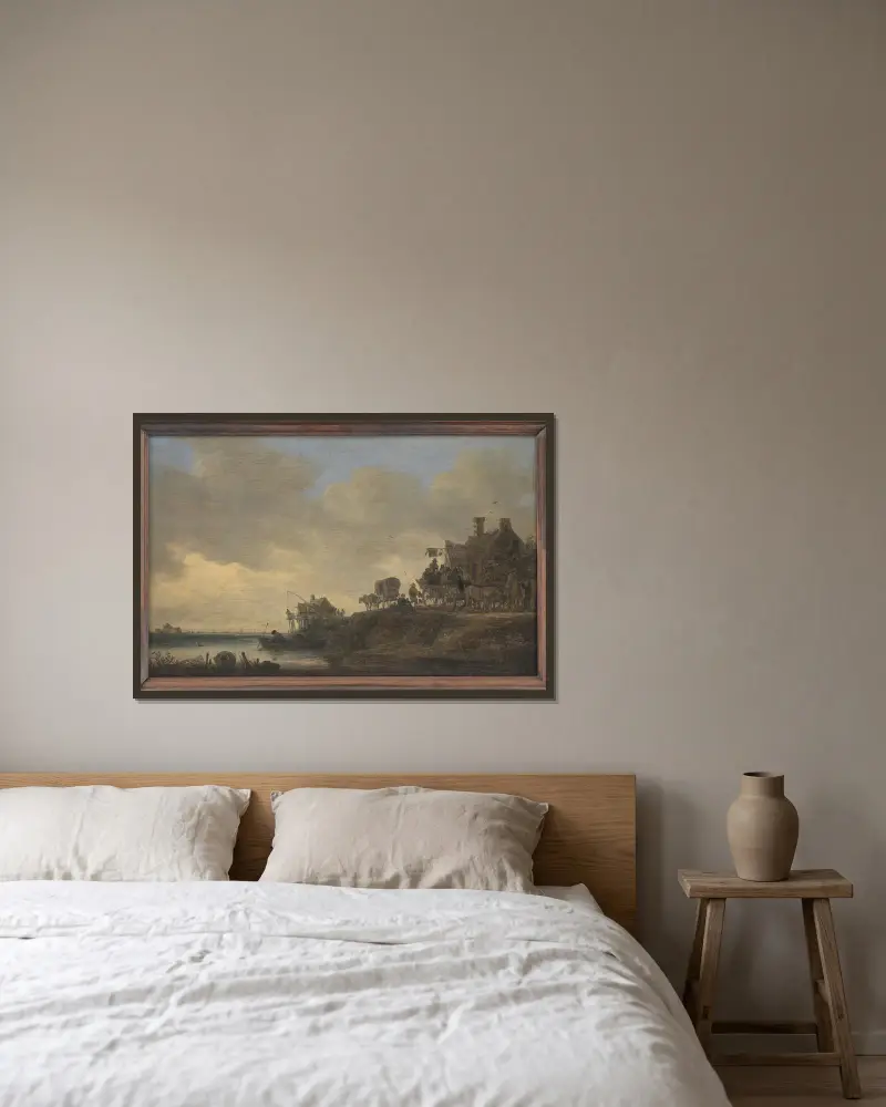 Flodscen med värdshuset ”Svanen” av Jan van Goyen inramad på en vägg