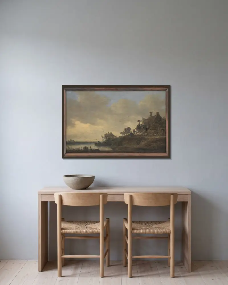 Flodscen med värdshuset ”Svanen” av Jan van Goyen inramad på en vägg