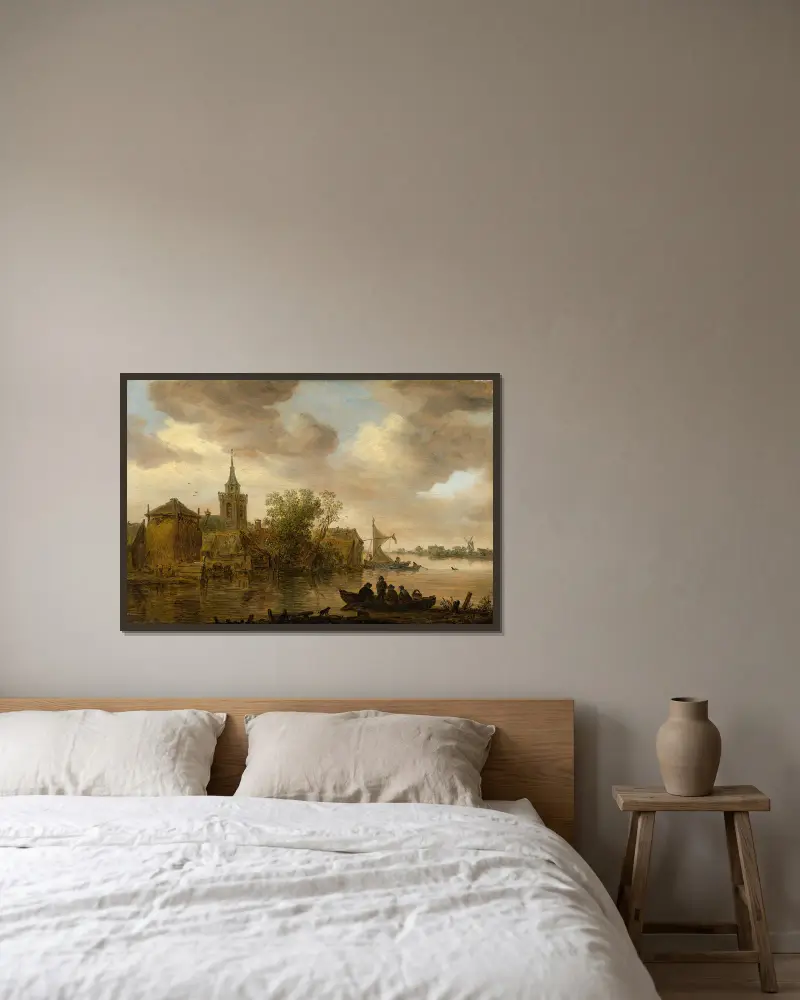 Flodvy med kyrka och bondgård av Jan van Goyen inramad på en vägg