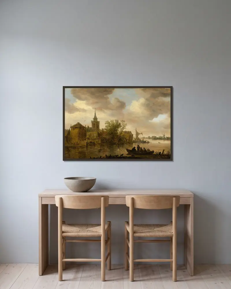 Flodvy med kyrka och bondgård av Jan van Goyen inramad på en vägg