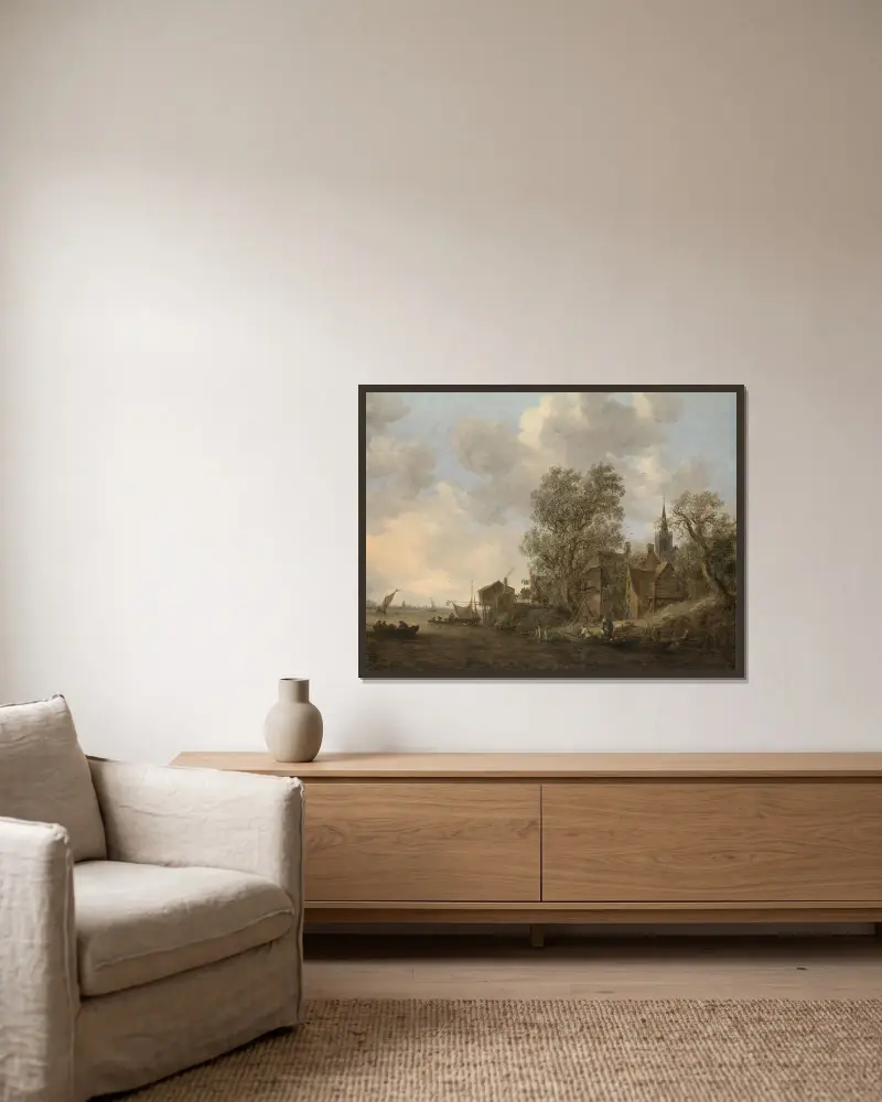 Vy över en stad vid en flod av Jan van Goyen inramad på en vägg