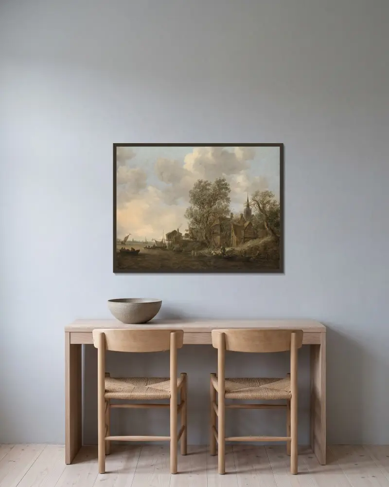 Vy över en stad vid en flod av Jan van Goyen inramad på en vägg