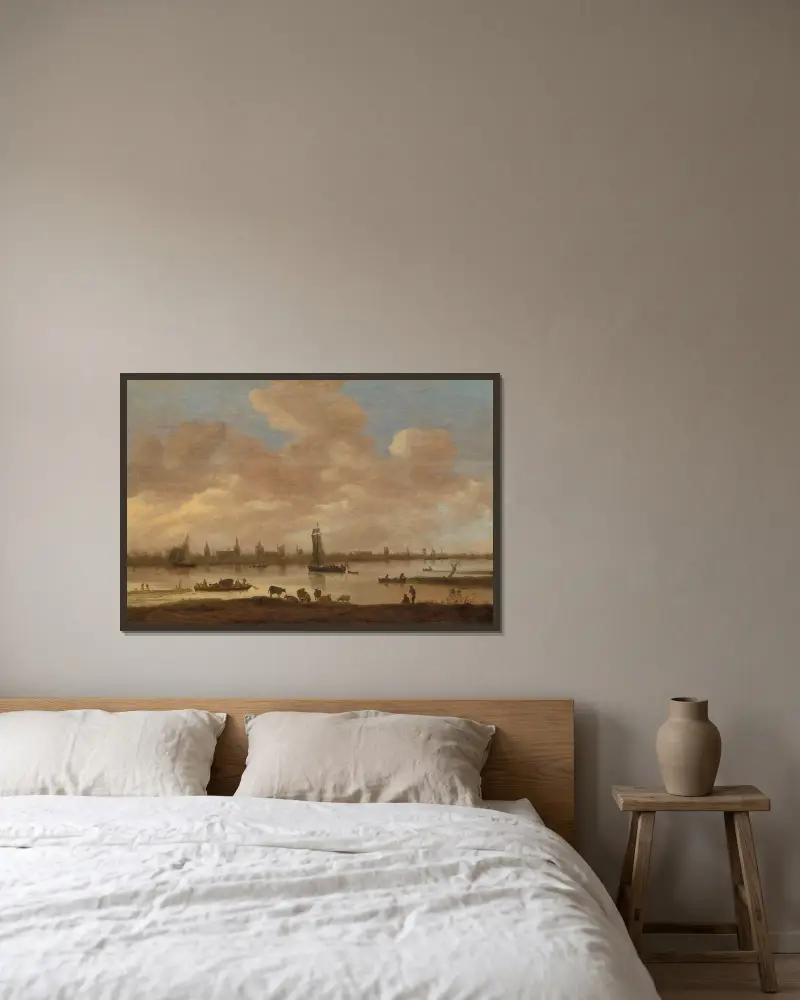 Blick auf eine imaginäre Stadt über einen Fluss, mit dem Turm von Saint Pol in Vianen von Jan van Goyen gerahmt an einer Wand