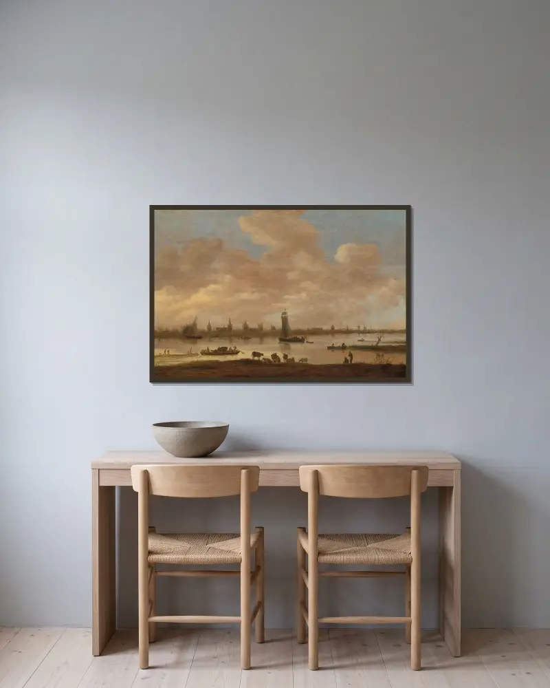 Blick auf eine imaginäre Stadt über einen Fluss, mit dem Turm von Saint Pol in Vianen von Jan van Goyen gerahmt an einer Wand