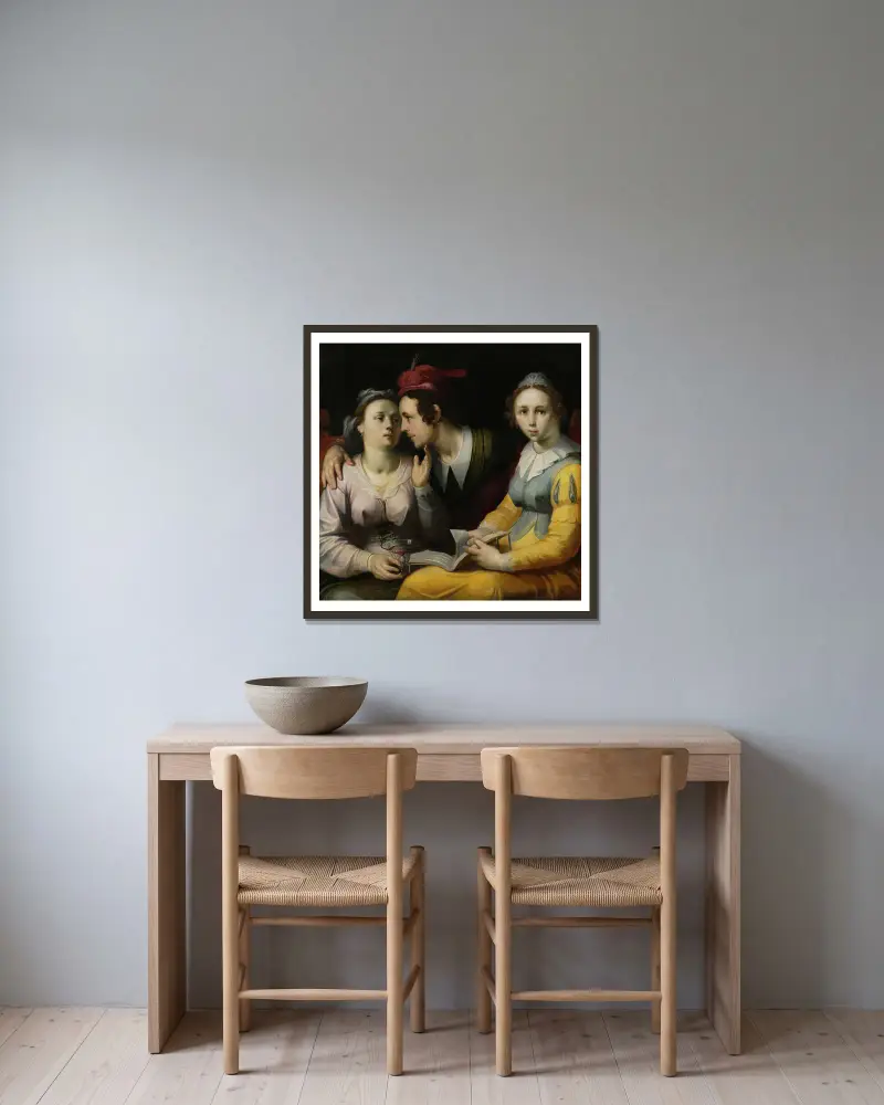 A Courting Couple and Woman with a Songbook av Cornelis Cornelisz Van Haarlem inramad på en vägg
