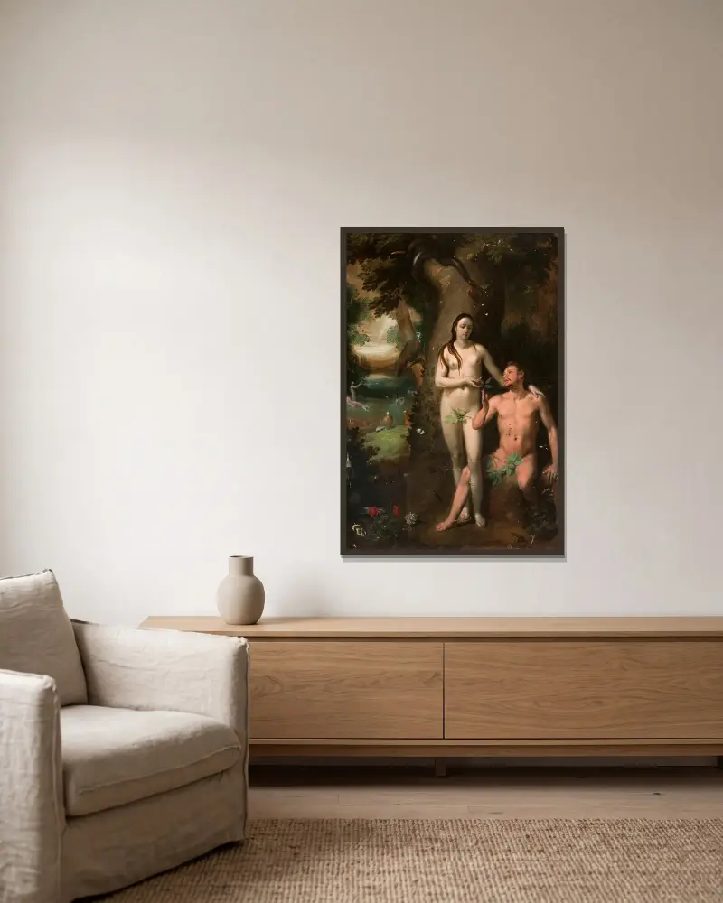 Adam and Eve av Cornelis Cornelisz Van Haarlem inramad på en vägg