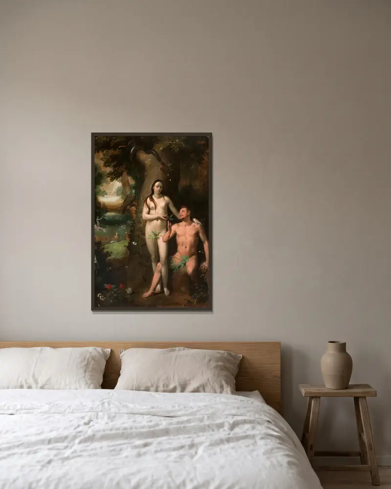 Adam and Eve av Cornelis Cornelisz Van Haarlem inramad på en vägg