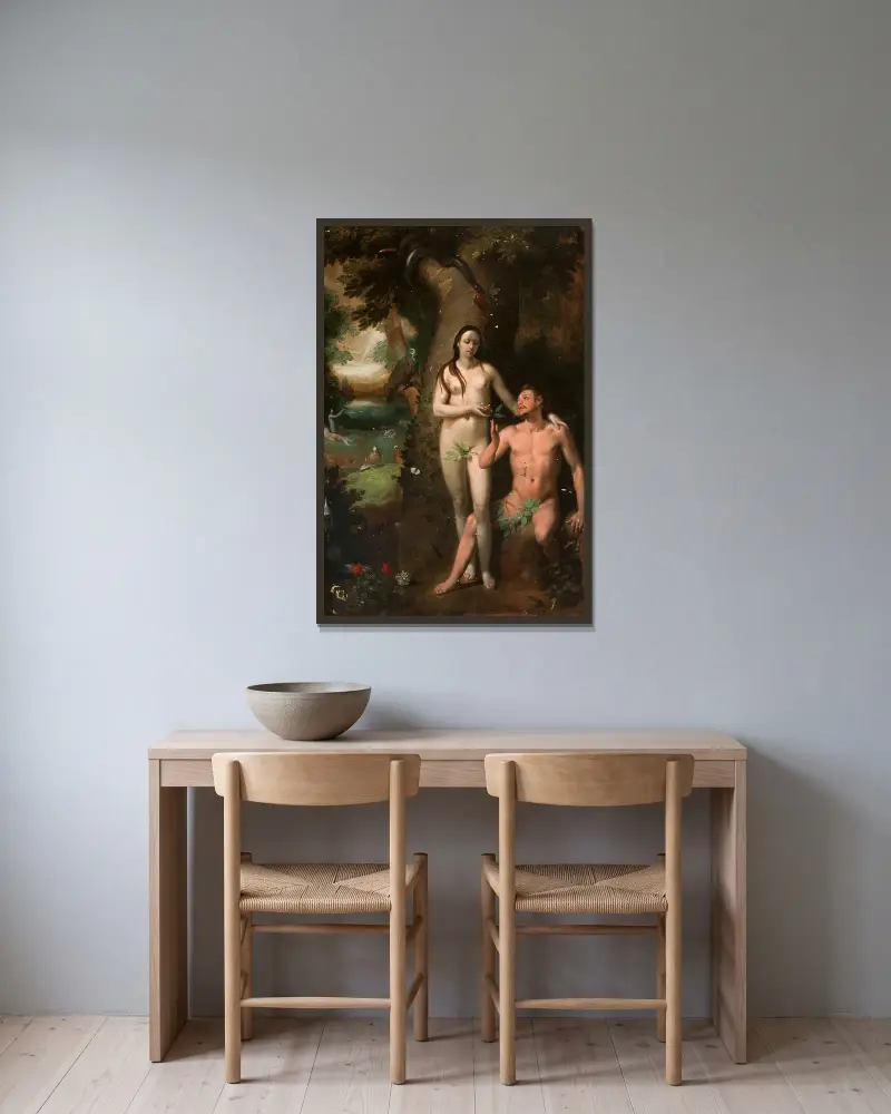 Adam and Eve av Cornelis Cornelisz Van Haarlem inramad på en vägg