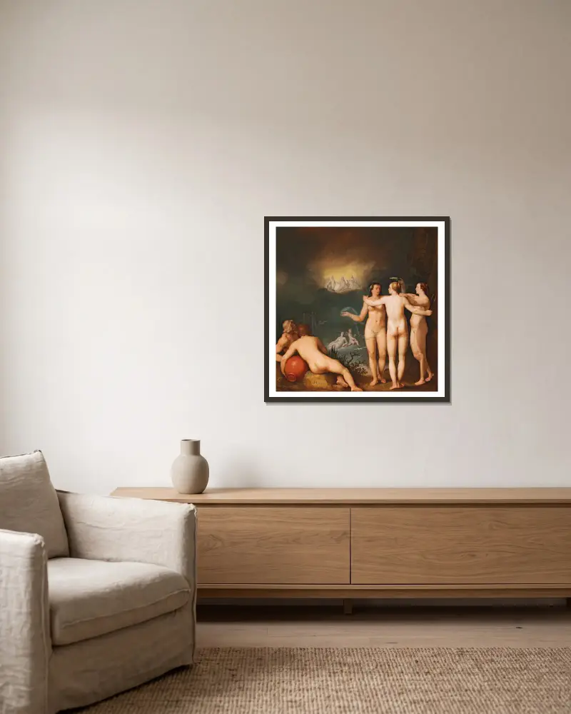En allegorisk scen med de tre gracerna, Aglaia av Cornelis Cornelisz Van Haarlem inramad på en vägg