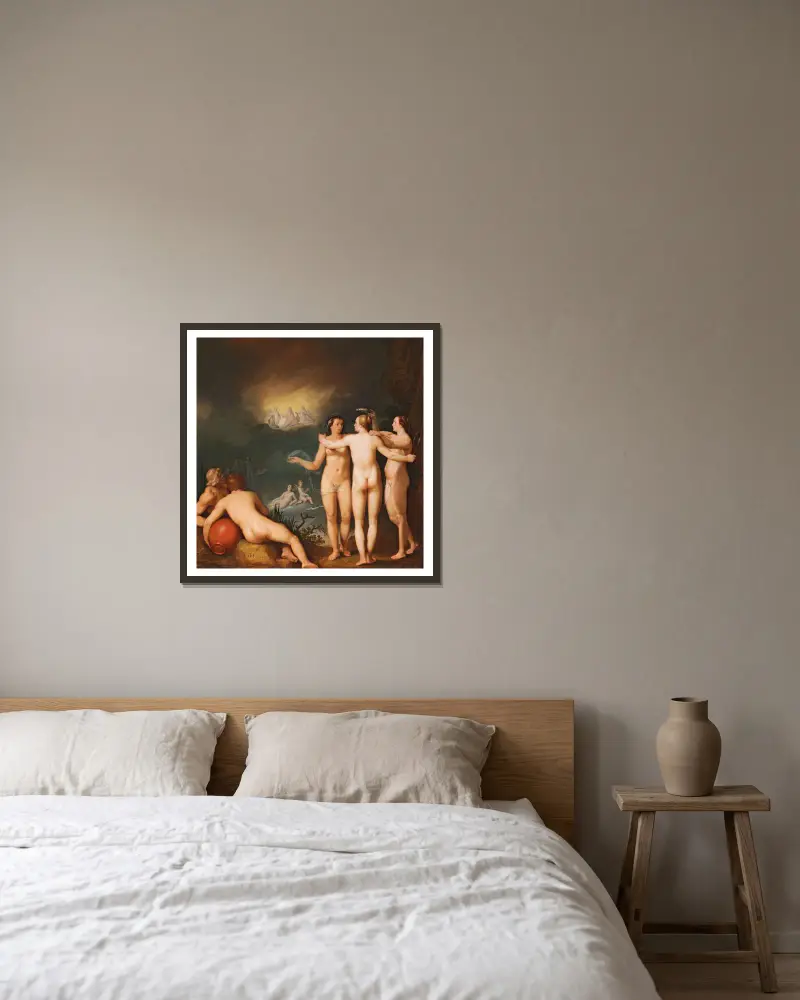 En allegorisk scen med de tre gracerna, Aglaia av Cornelis Cornelisz Van Haarlem inramad på en vägg