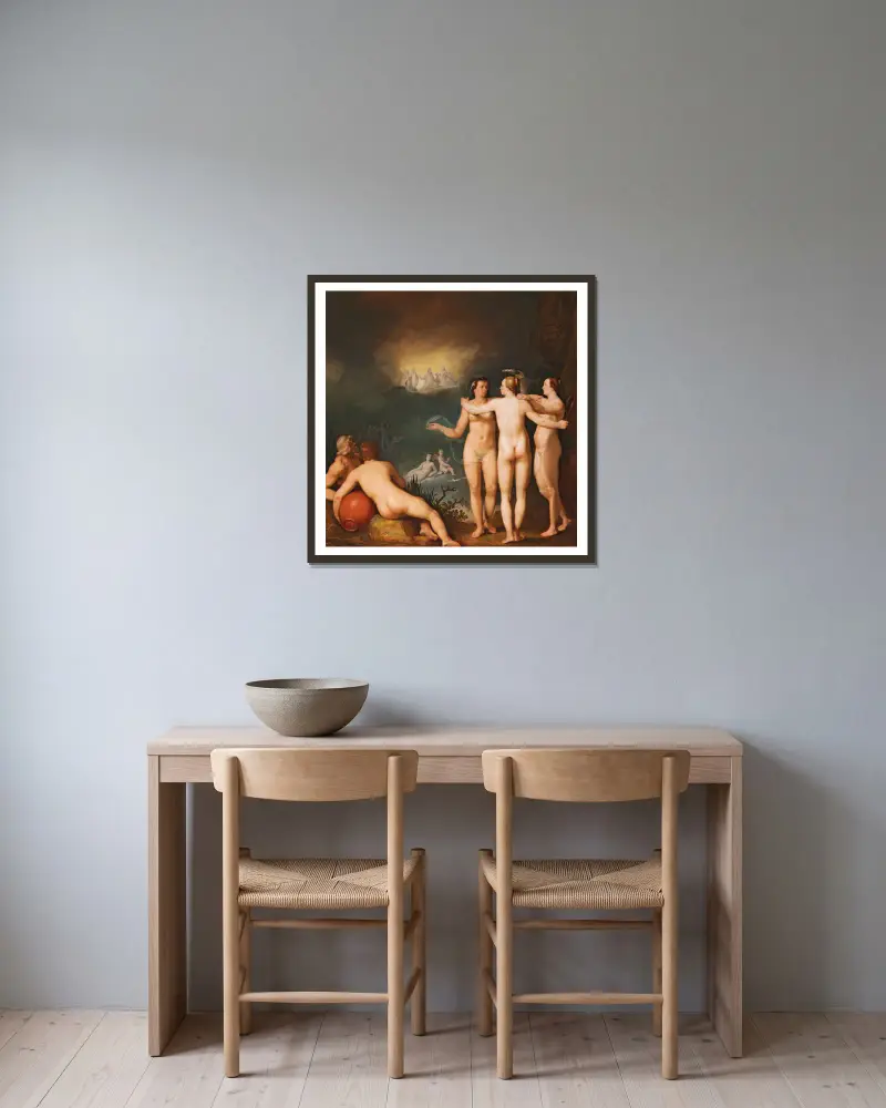 En allegorisk scen med de tre gracerna, Aglaia av Cornelis Cornelisz Van Haarlem inramad på en vägg