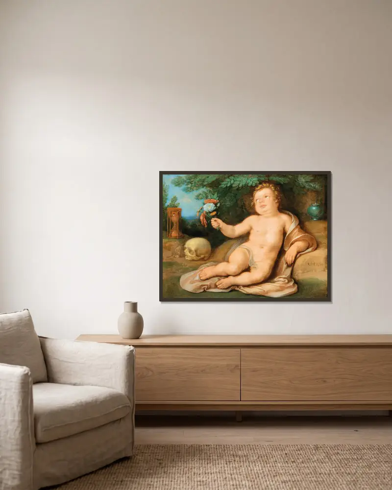 Vanitasallegori av Cornelis Cornelisz Van Haarlem inramad på en vägg