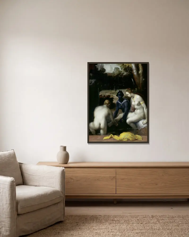 Batseba bei ihrer Toilette von Cornelis Cornelisz Van Haarlem gerahmt an einer Wand