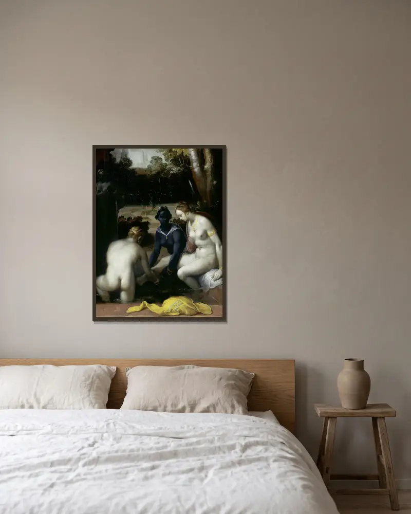Batseba bei ihrer Toilette von Cornelis Cornelisz Van Haarlem gerahmt an einer Wand