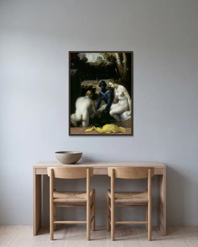 Batseba bei ihrer Toilette von Cornelis Cornelisz Van Haarlem gerahmt an einer Wand