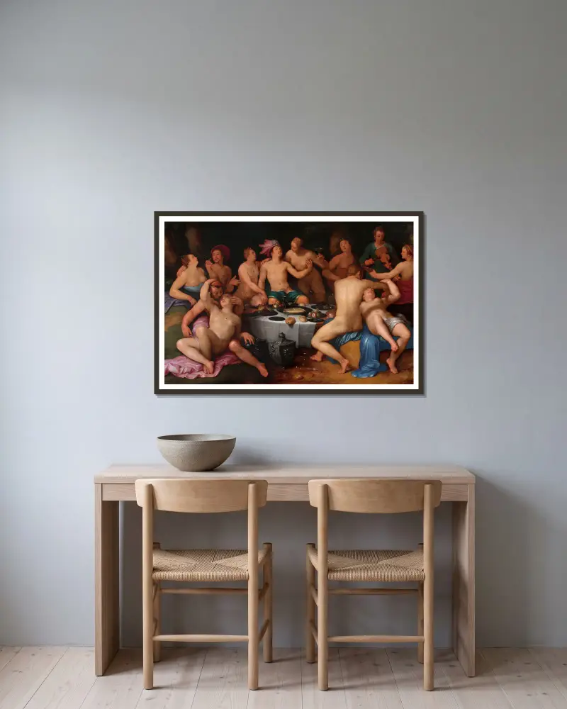 Das Fest des verlorenen Sohnes von Cornelis Cornelisz Van Haarlem gerahmt an einer Wand