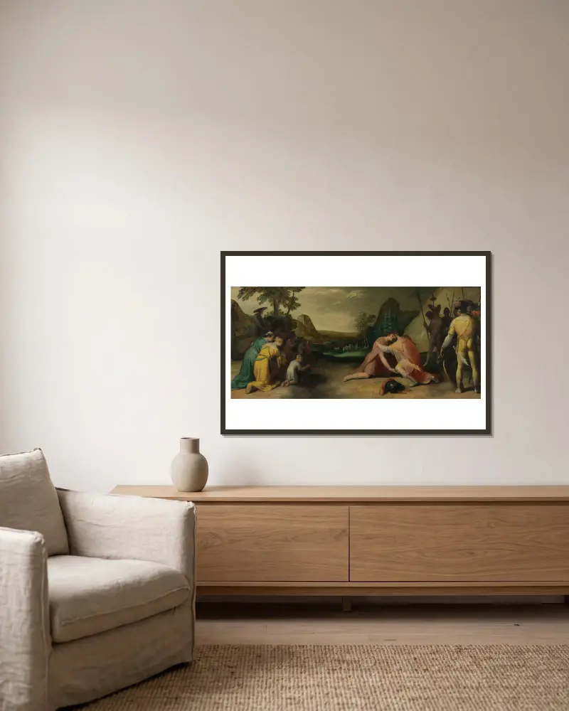 Jakob och Esaus möte av Cornelis Cornelisz Van Haarlem inramad på en vägg