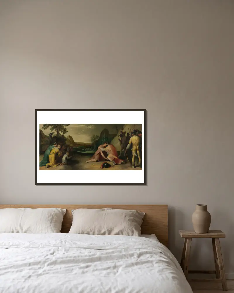 Jakob och Esaus möte av Cornelis Cornelisz Van Haarlem inramad på en vägg