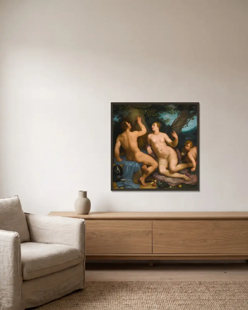 Paris und Oenone von Cornelis Cornelisz Van Haarlem gerahmt an einer Wand