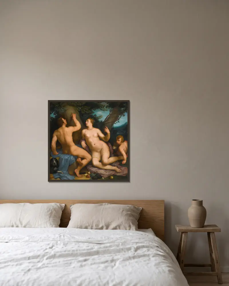 Paris und Oenone von Cornelis Cornelisz Van Haarlem gerahmt an einer Wand