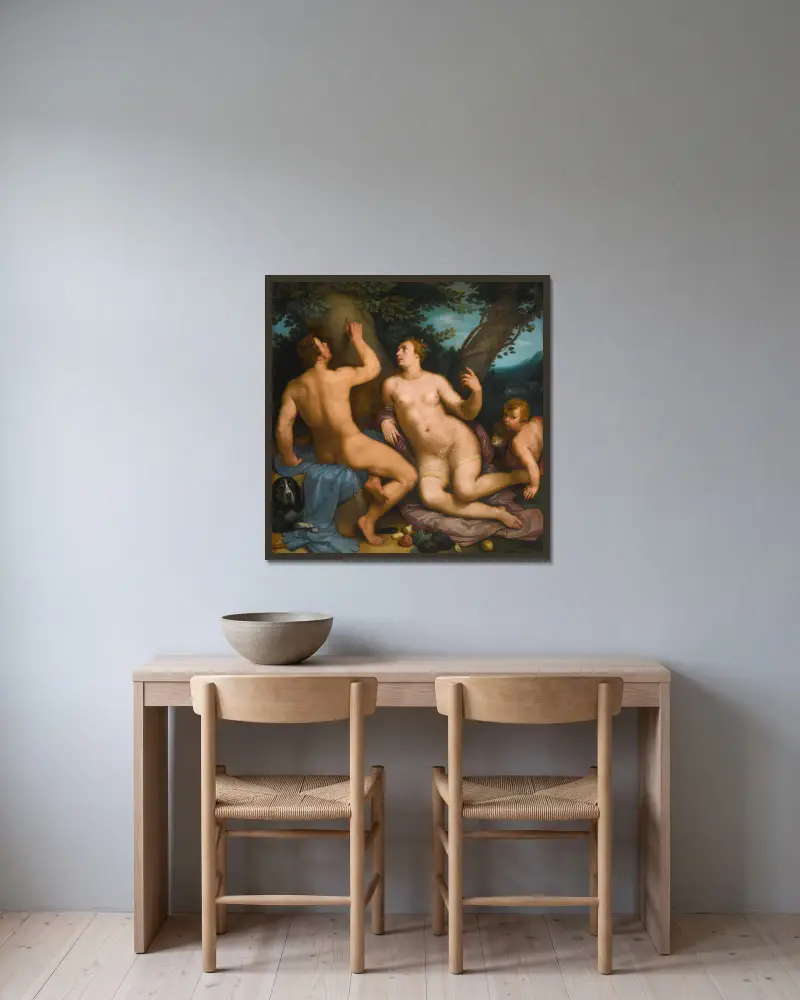Paris und Oenone von Cornelis Cornelisz Van Haarlem gerahmt an einer Wand
