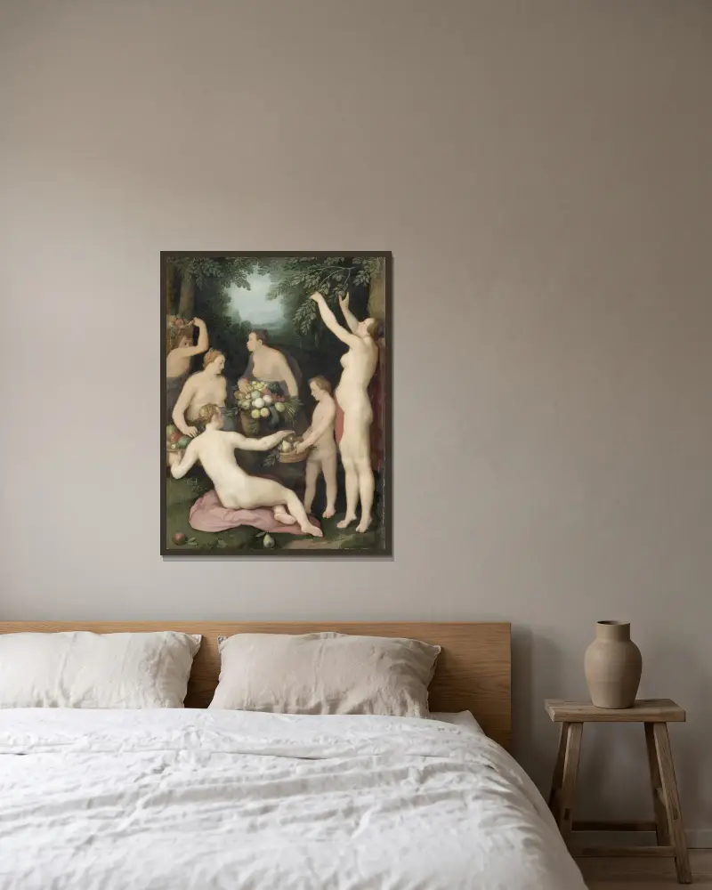 Pomona tar emot fruktskörden av Cornelis Cornelisz Van Haarlem inramad på en vägg