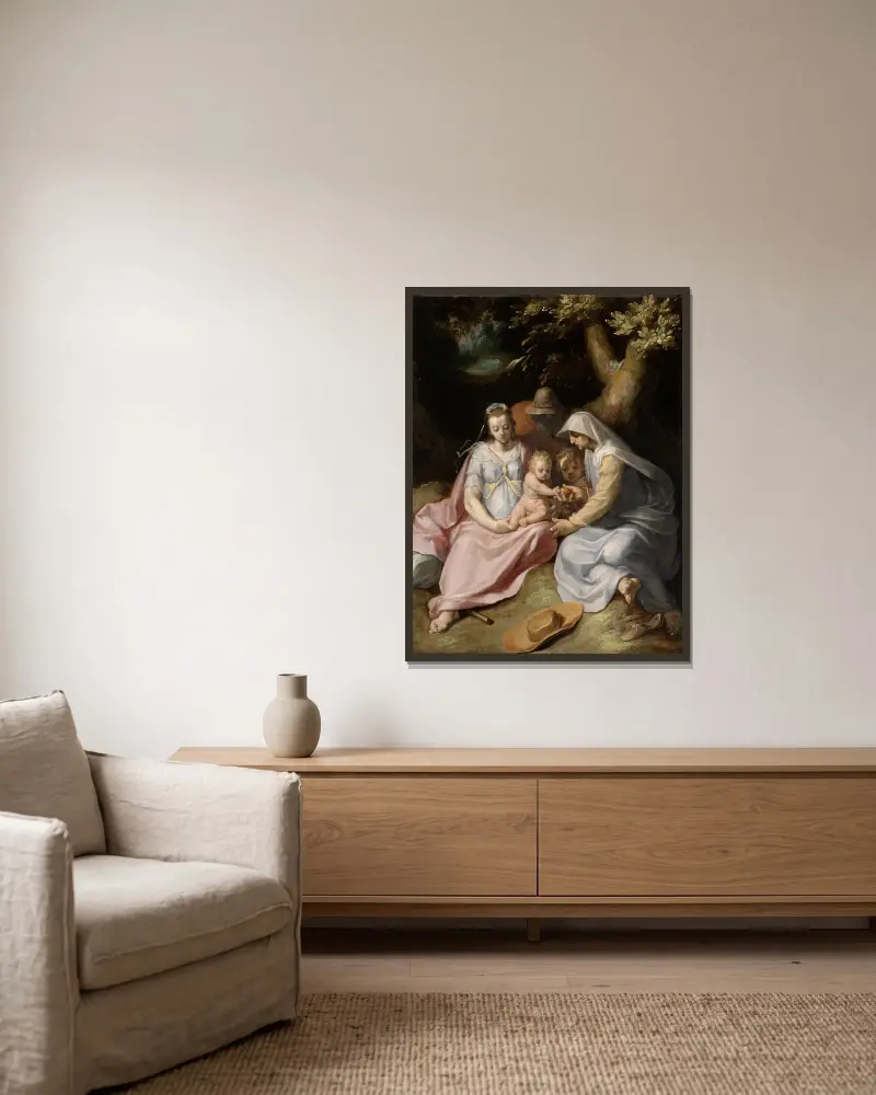 Kristi dop; Den heliga familjen med den heliga Elisabet och Johannesbarnet i skogen av Cornelis Cornelisz Van Haarlem inramad på en vägg