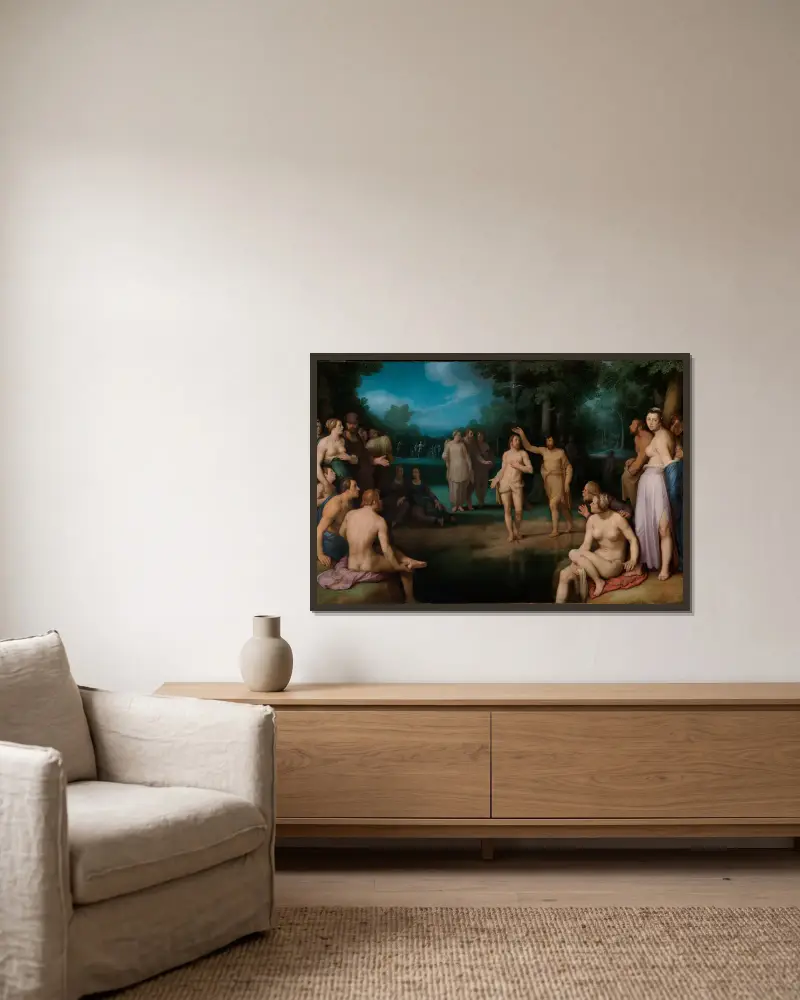 Taufe Christi av Cornelis Cornelisz Van Haarlem inramad på en vägg