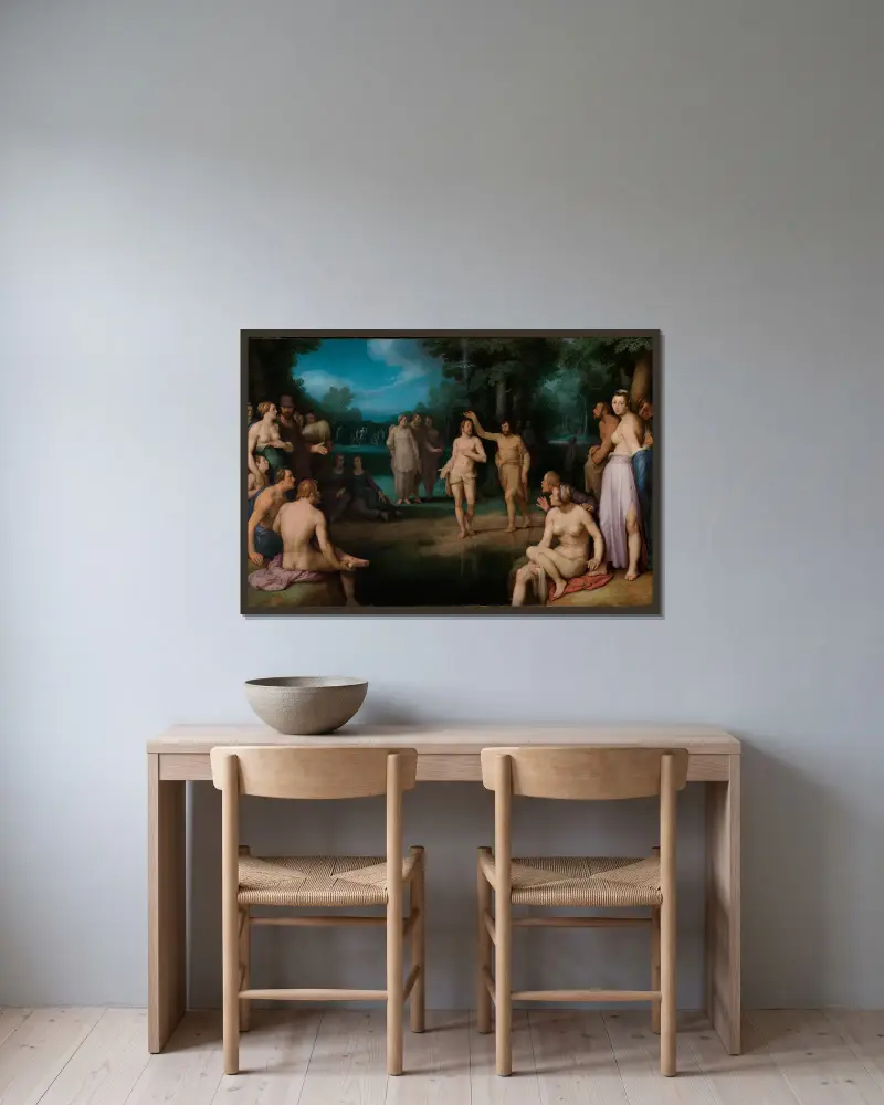 Taufe Christi av Cornelis Cornelisz Van Haarlem inramad på en vägg