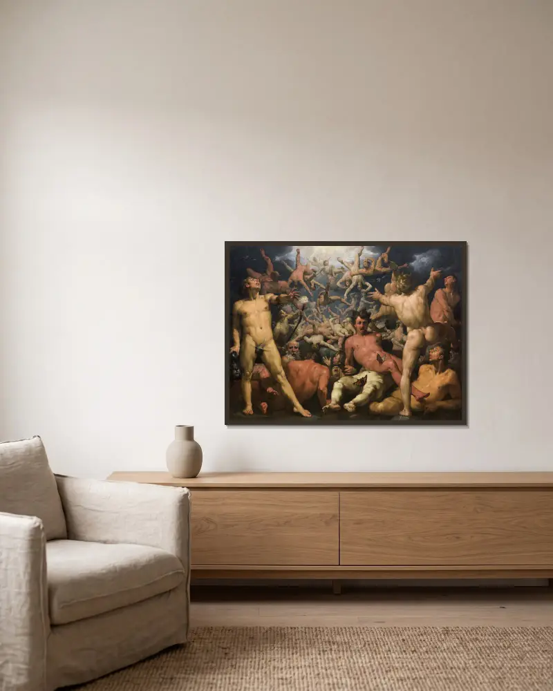 Der Fall der Titanen von Cornelis Cornelisz Van Haarlem gerahmt an einer Wand