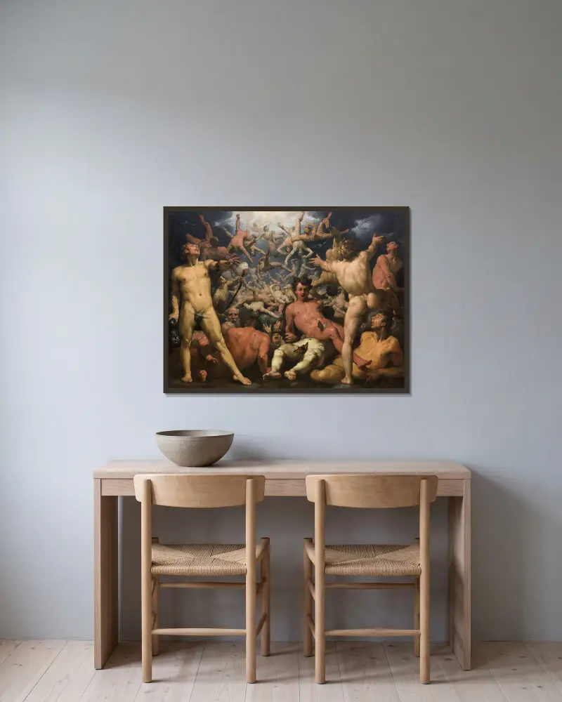 Der Fall der Titanen von Cornelis Cornelisz Van Haarlem gerahmt an einer Wand