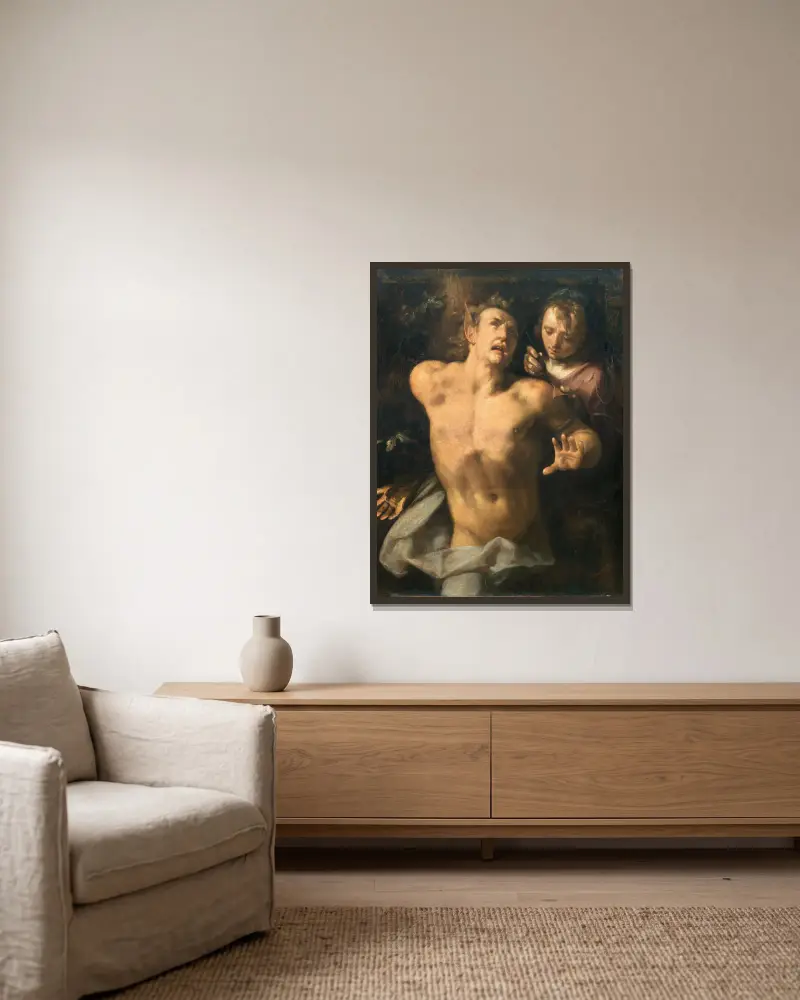 Die Häutung des Marsyas von Cornelis Cornelisz Van Haarlem gerahmt an einer Wand