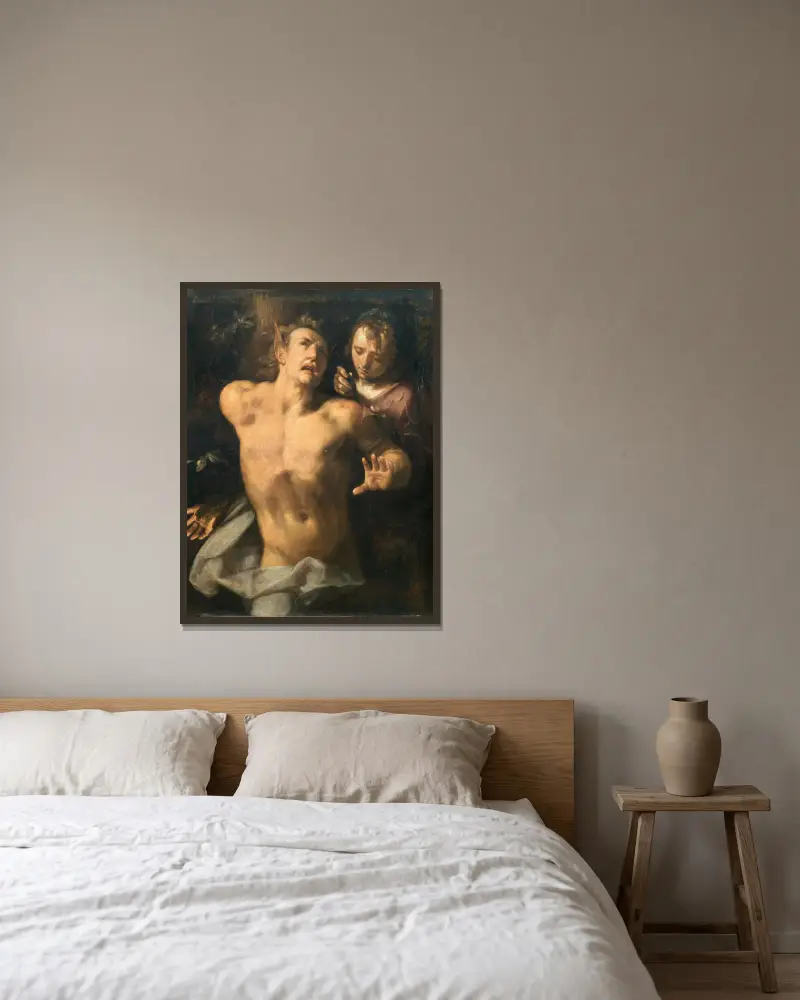 Die Häutung des Marsyas von Cornelis Cornelisz Van Haarlem gerahmt an einer Wand