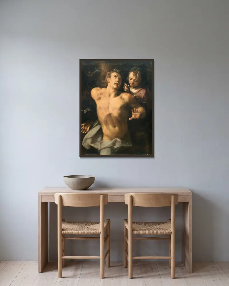 Die Häutung des Marsyas von Cornelis Cornelisz Van Haarlem gerahmt an einer Wand