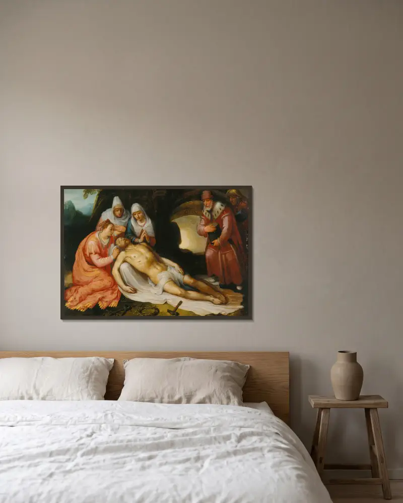 The Lamentation av Cornelis Cornelisz Van Haarlem inramad på en vägg