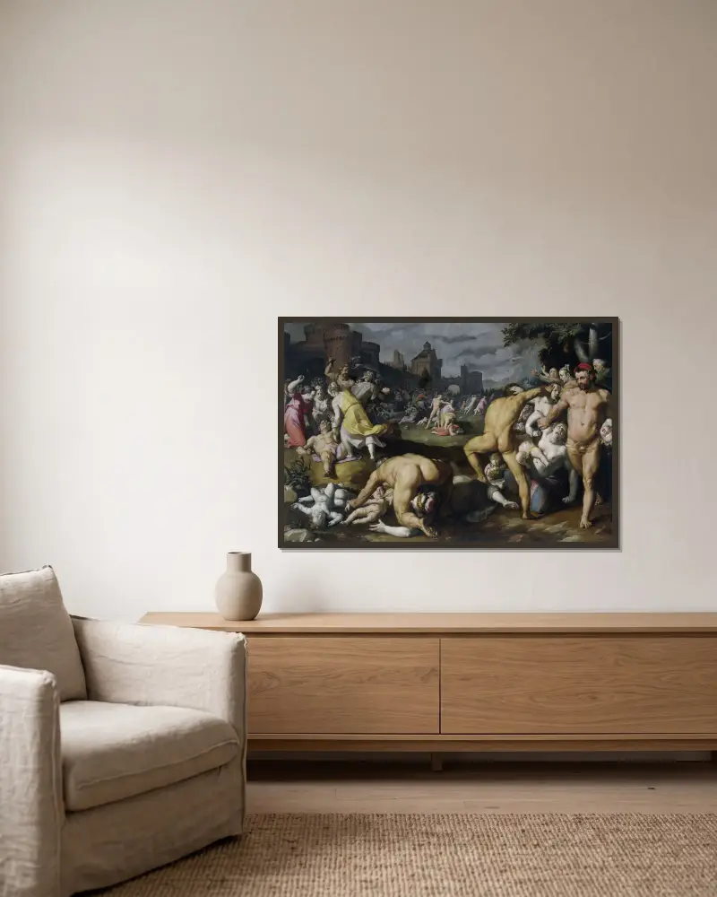 Barnamorden i Betlehem av Cornelis Cornelisz Van Haarlem inramad på en vägg