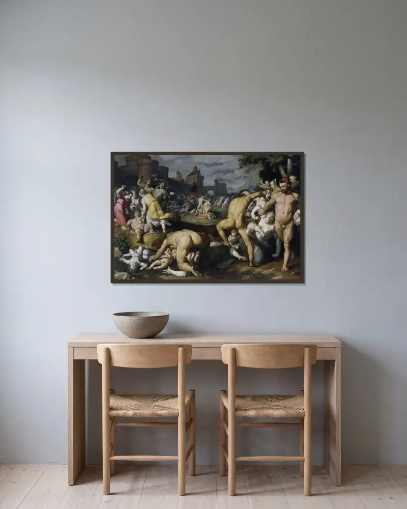 Barnamorden i Betlehem av Cornelis Cornelisz Van Haarlem inramad på en vägg