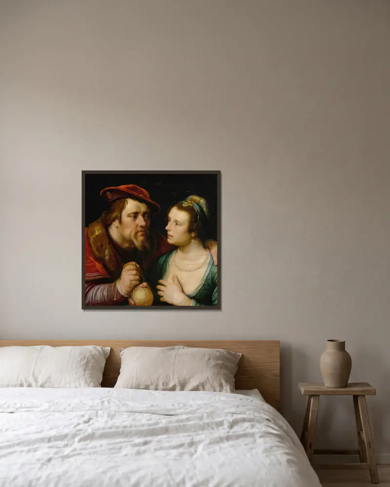 The Unequal Lovers, 1619 – nr 2 av Cornelis Cornelisz Van Haarlem inramad på en vägg